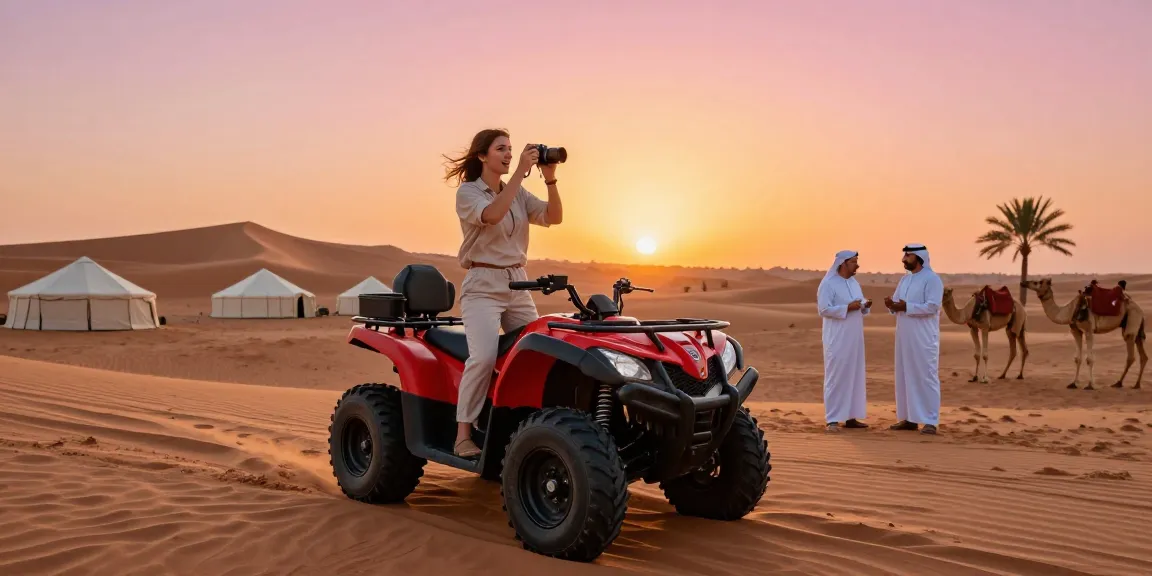 Traveler capturing sunset over Dubai desert slot adventure with ATV and camels.