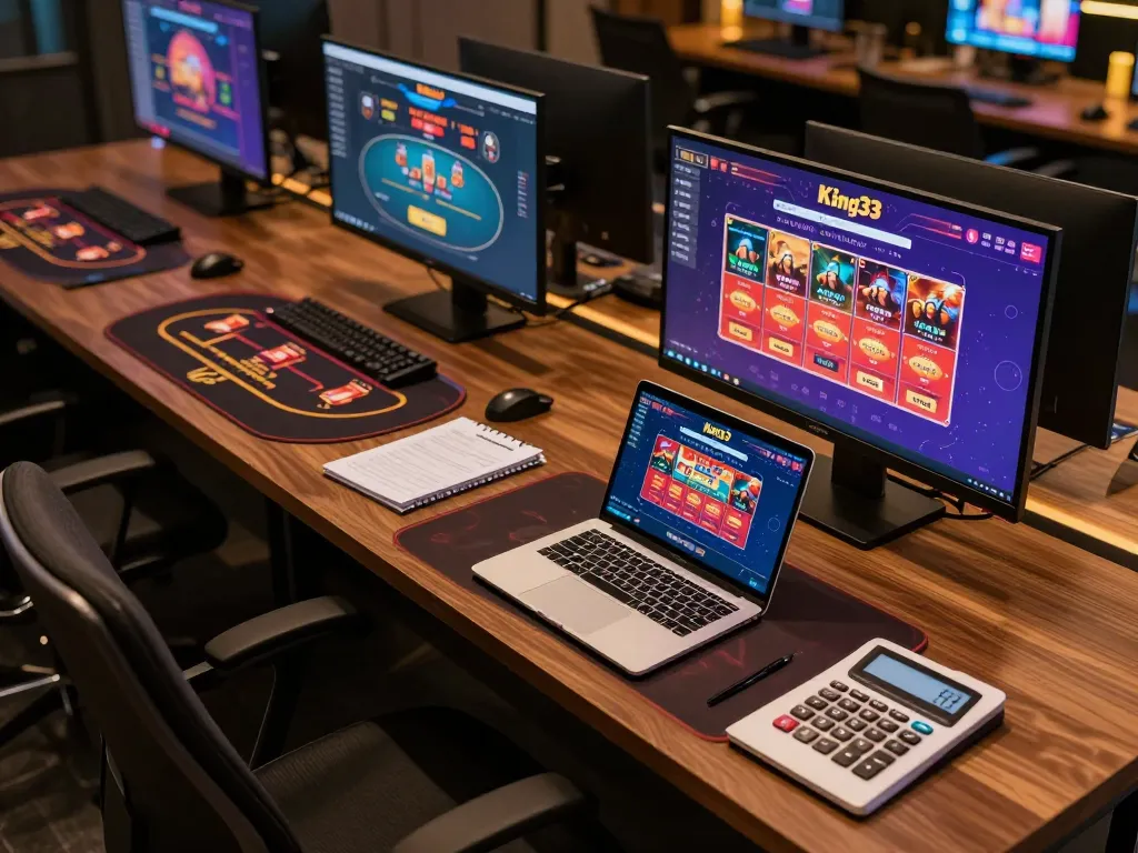 Engaged player using King33 interface on multiple screens for strategic online gambling.