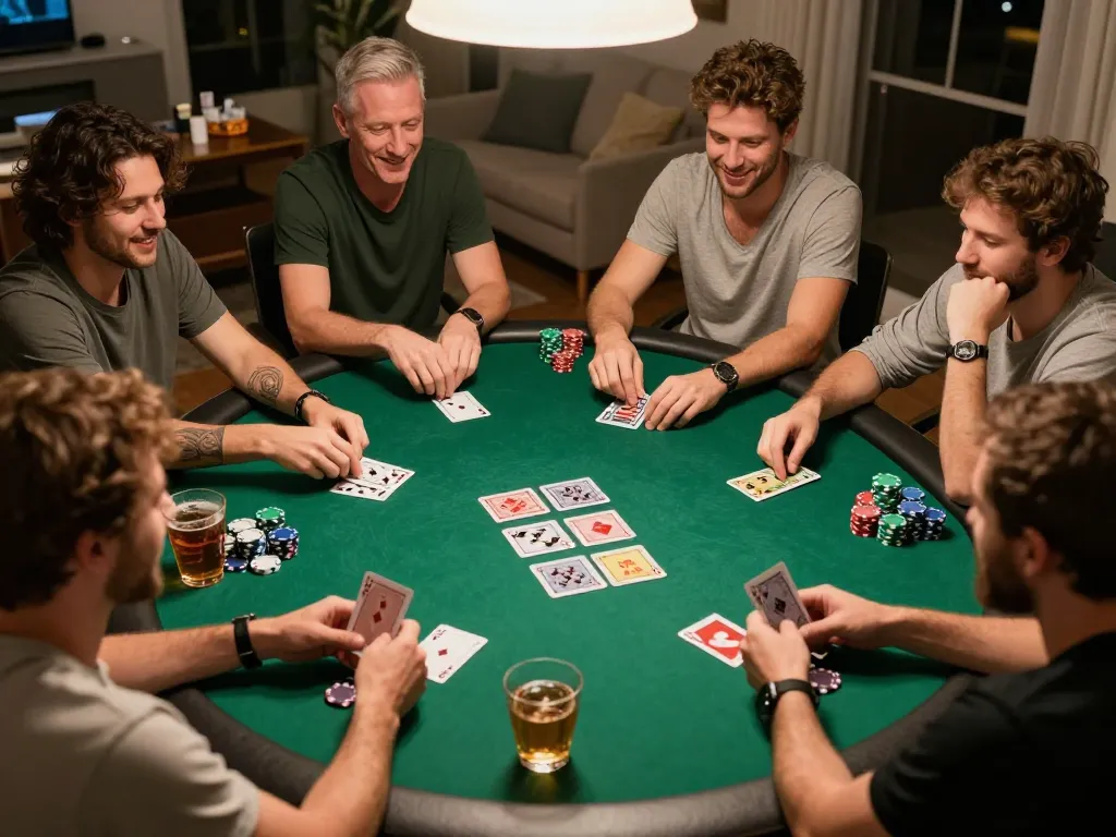Engaging home poker night with friends playing Texas Hold'em, showcasing strategic gameplay at 888newcasino