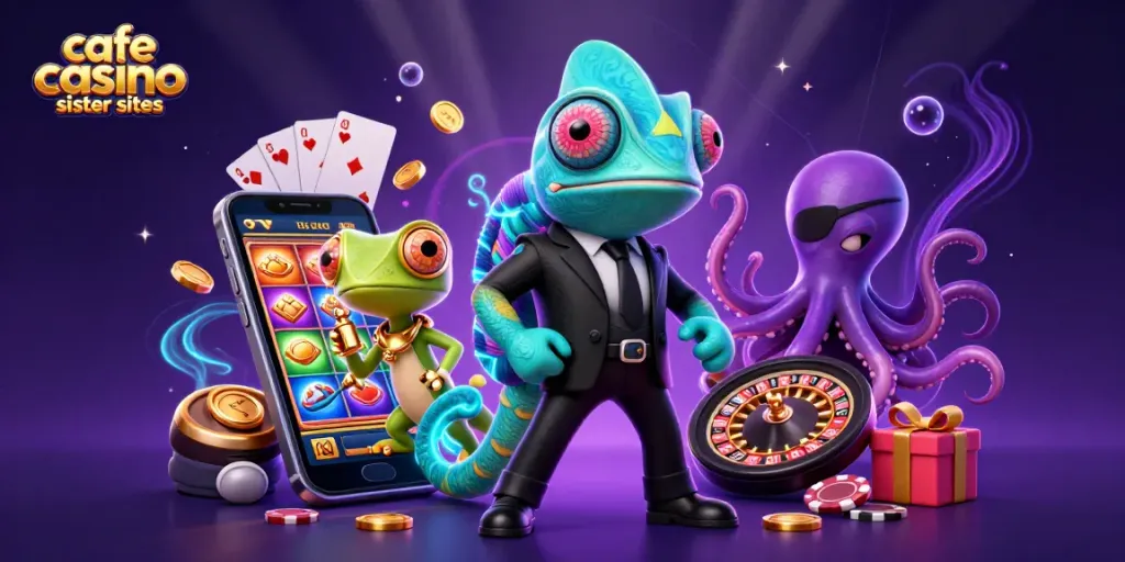 Cafe casino sister sites collide in a vibrant scene with a secret agent chameleon and games galore.