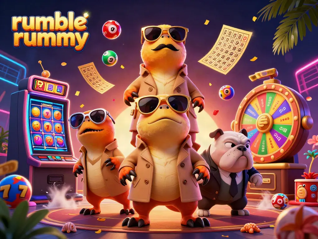 Rumble Rummy raptors attempt VIP entry, surrounded by vibrant casino elements and excitement.