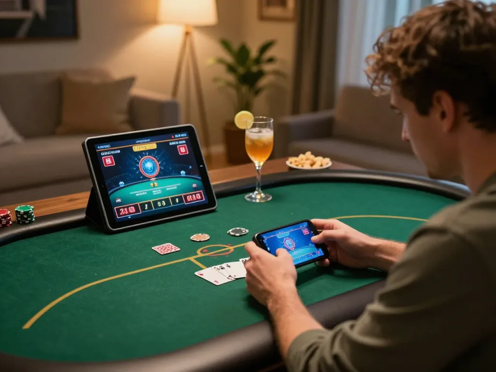 Engaging in online poker through ทางเข้า m121, player enjoys strategic gameplay in a cozy home setting with a tablet and snacks