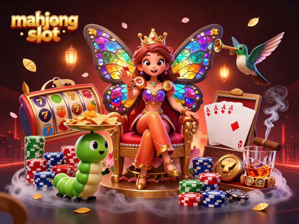 Win big with mahjong slot in this vibrant 3D casino illustration featuring a butterfly queen and dynamic gaming elements.