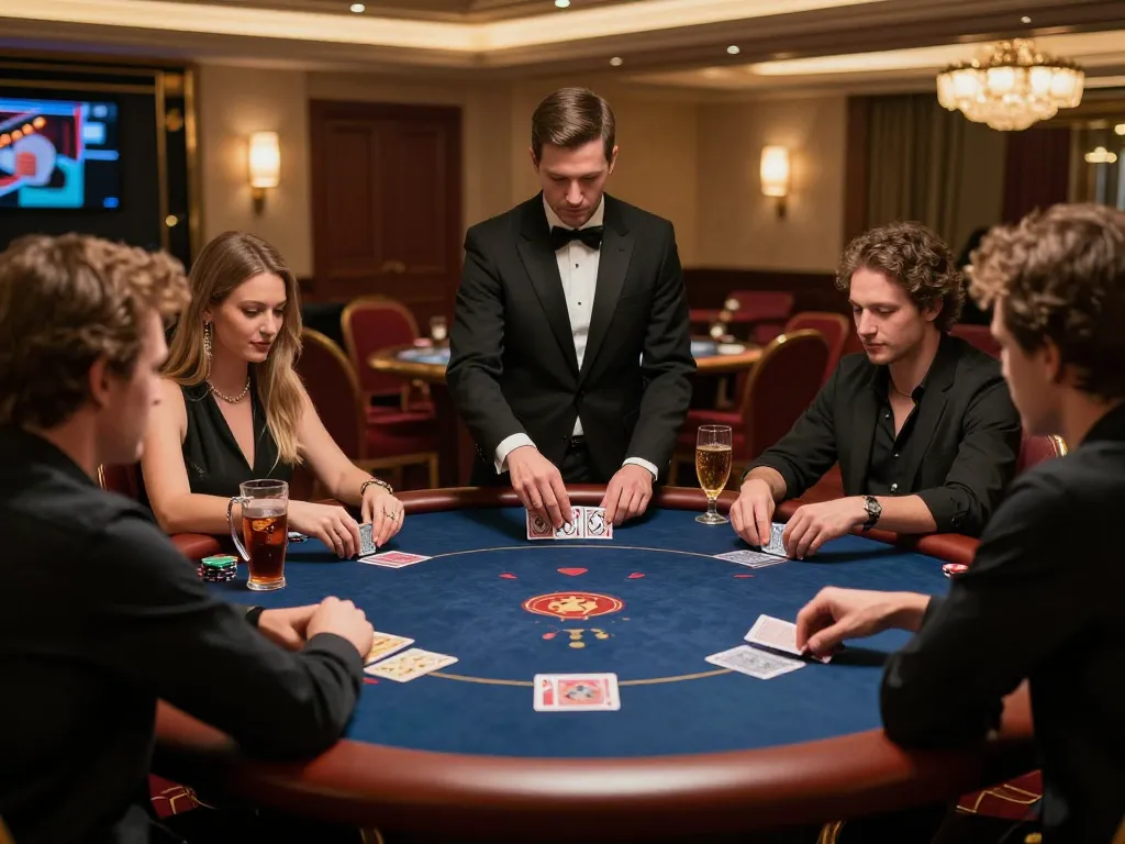 Engaged players strategizing at Slot88 exclusive poker table in upscale casino setting.