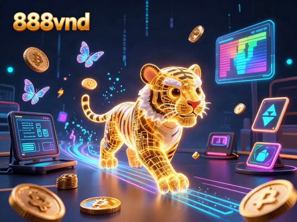 Experience the dynamic world of 888vnd in a vibrant casino scene filled with neon energy and cryptocurrency.