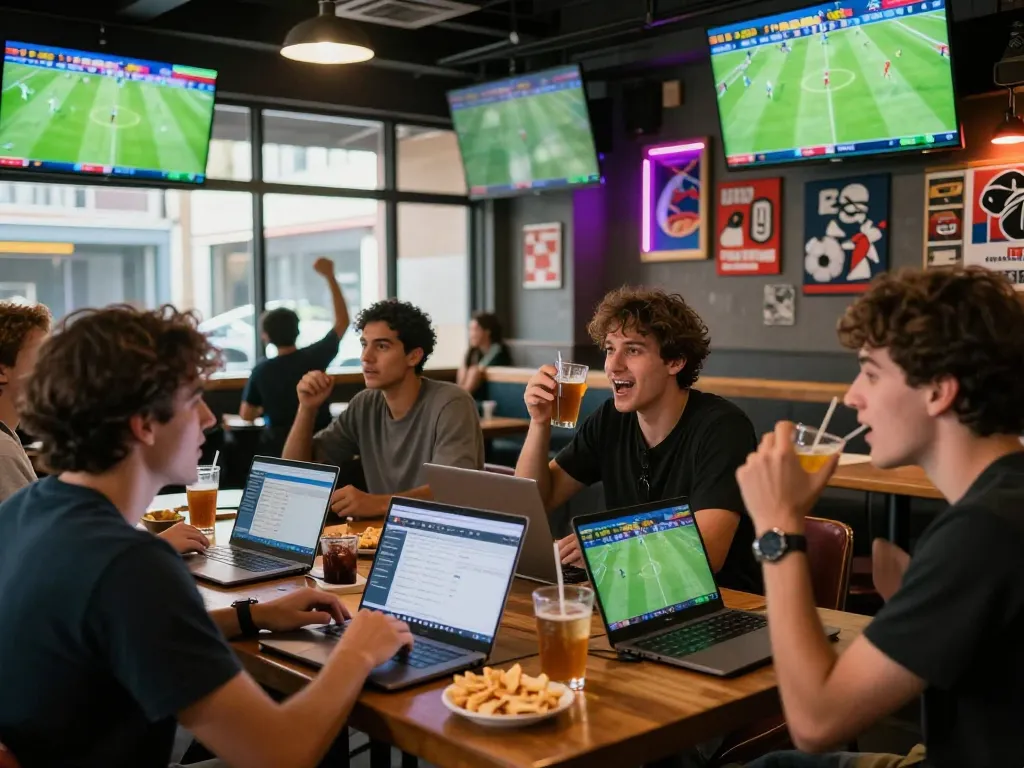 Friends passionately engaged in judi bola at a lively sports bar with multiple screens.