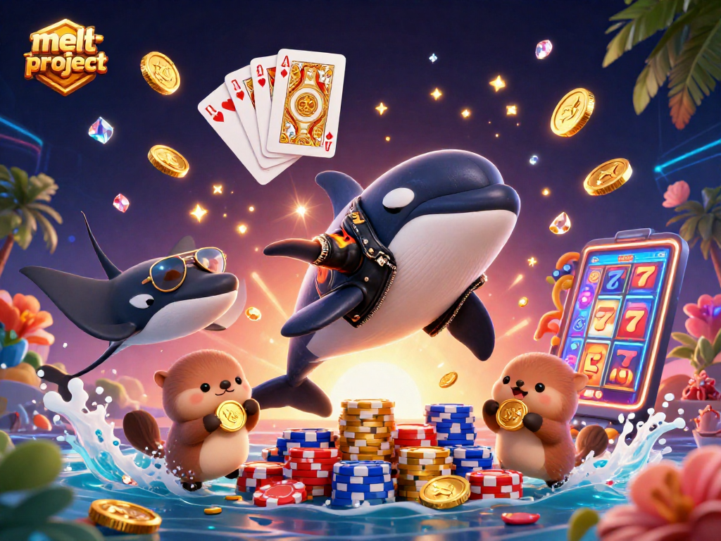 Experience exciting gaming at melt-project with an orca biker, lucky otters, and vibrant casino elements.
