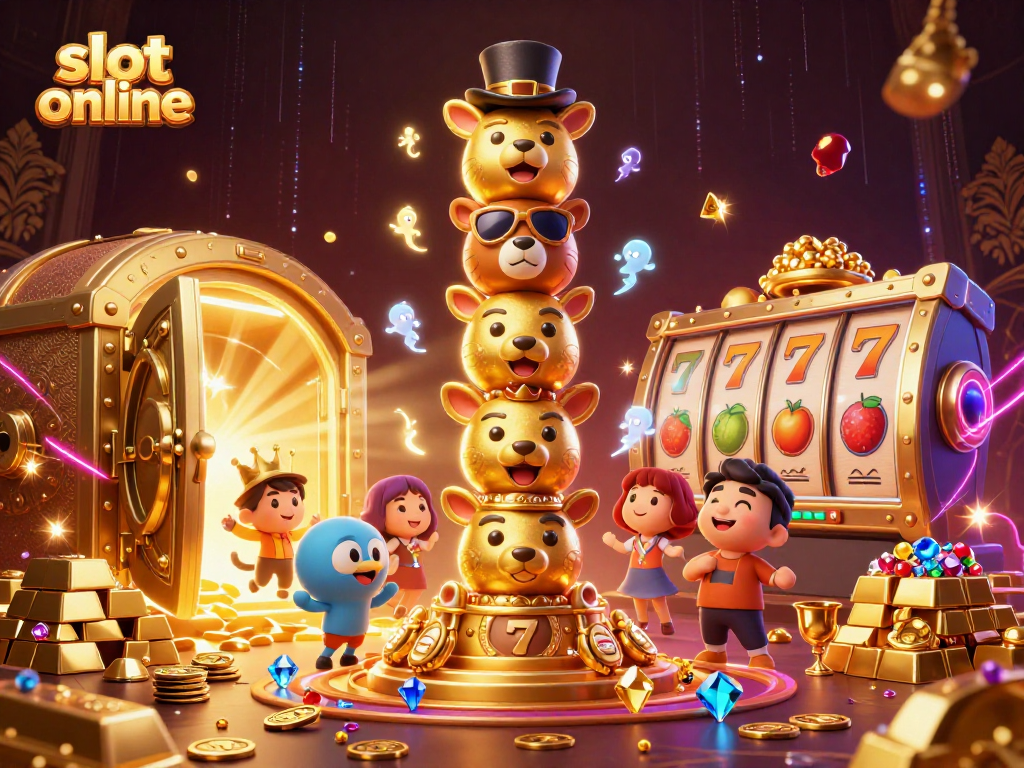 Experience thrills of slot online with vibrant 3D illustration showcasing a totem pole and treasure.