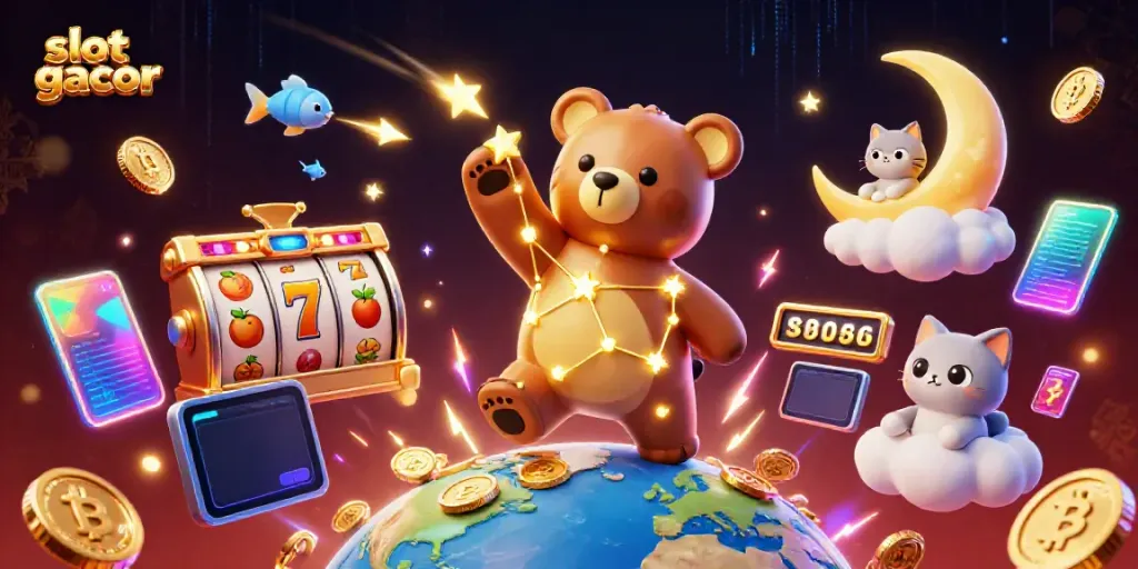 Catch a glimpse of slot gacor magic in this vibrant casino-themed illustration with playful characters.