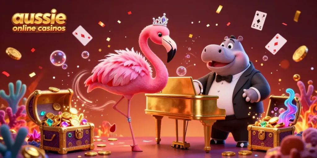 A vibrant 3D scene showcasing aussie online casinos with a singing flamingo, jazz hippo, and casino elements.