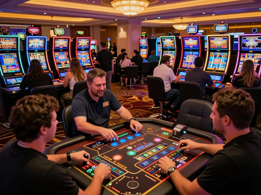 Players enjoying slots at F8Beta2 casino, vibrant machines and lively ambiance create excitement.