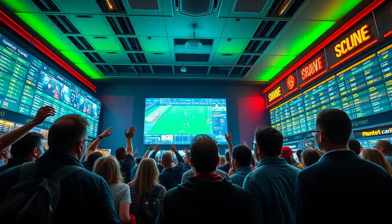 Engaging sports betting scene showing fans excitedly placing bets in a lively environment