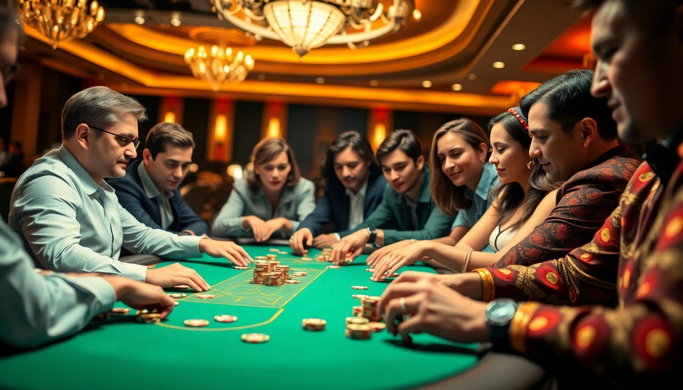 Engaged players at a lively poker game table in a vibrant casino setting.