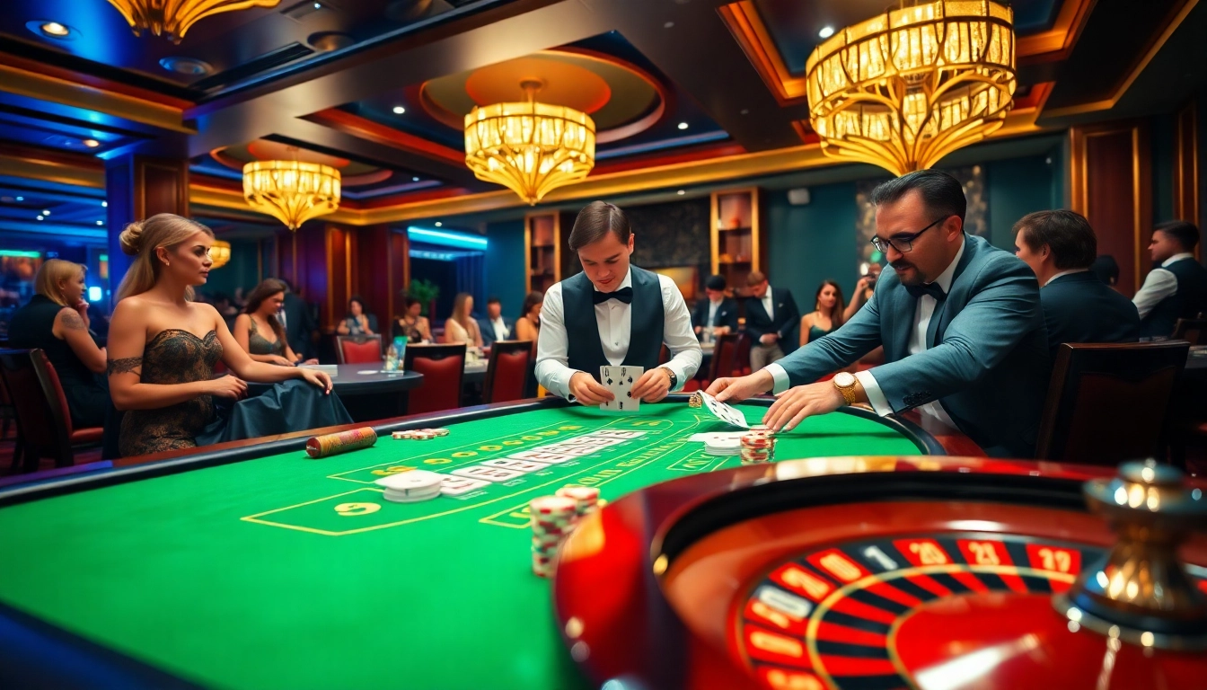 Engaged players enjoying Blackjack 68 game bài at a luxurious casino table with vibrant chips.