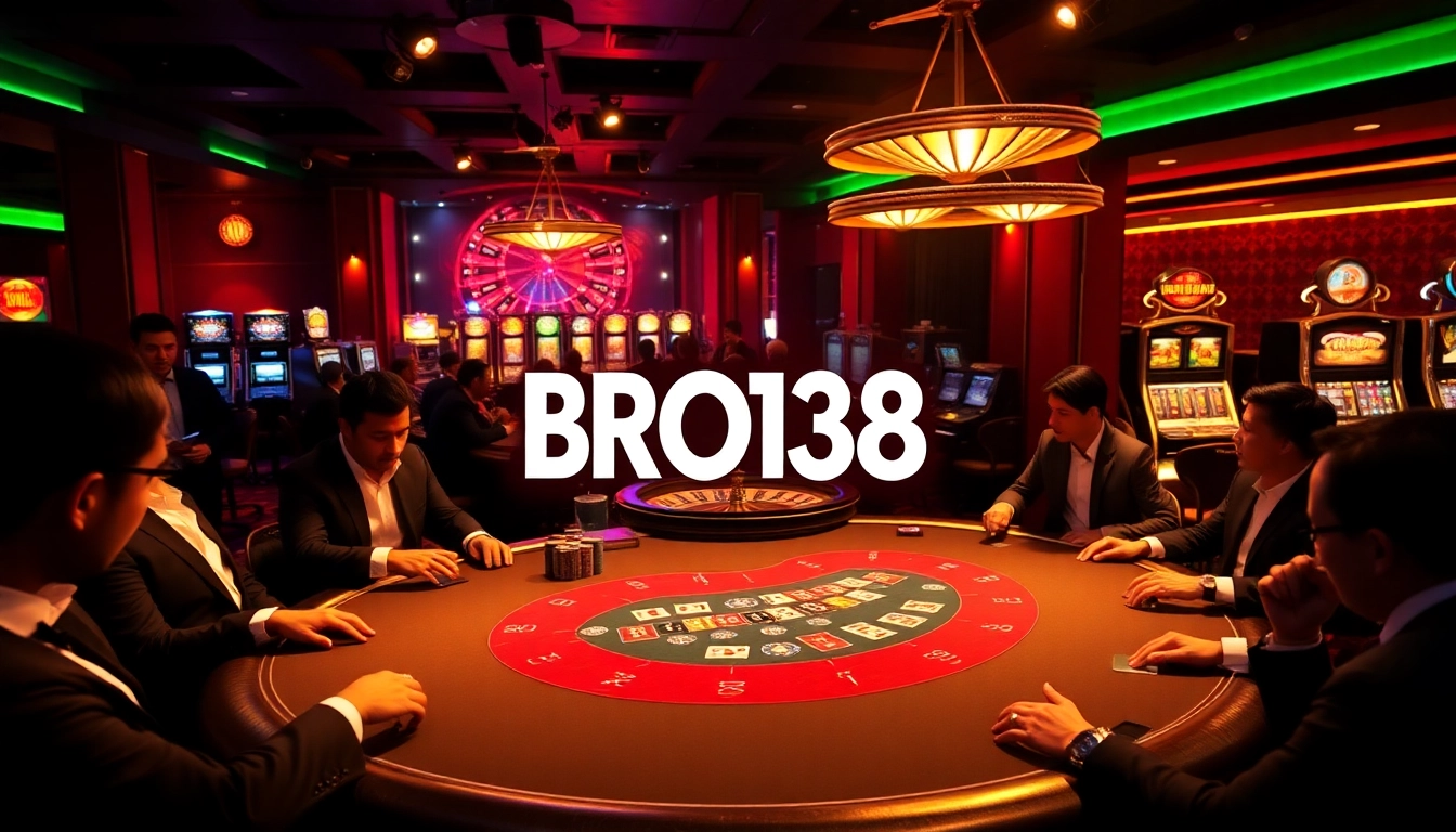 Players at BRO138 enjoy a thrilling poker game with vibrant chips and cards.