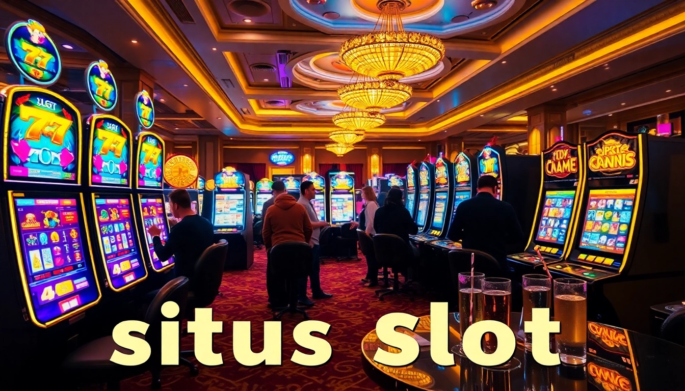 Situs slot players excitedly engage with vibrant slot machines in a luxurious casino setting.