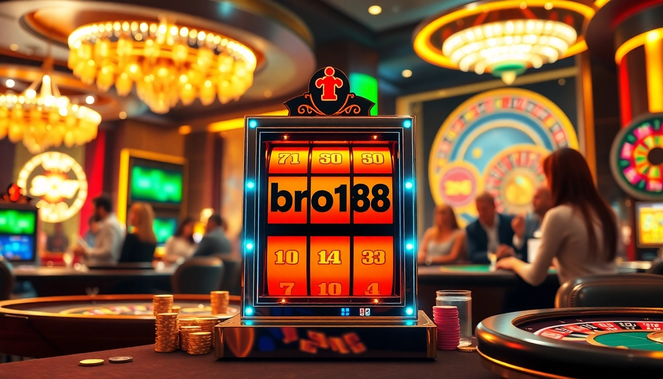 Experience the thrill of winning at bro138 with vibrant slot machines and luxurious casino elements.
