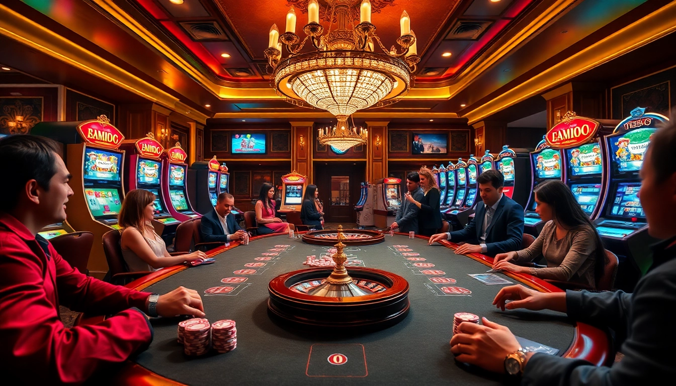 Experience dewaslot gaming with vibrant casino tables and excited players enjoying slot machines.