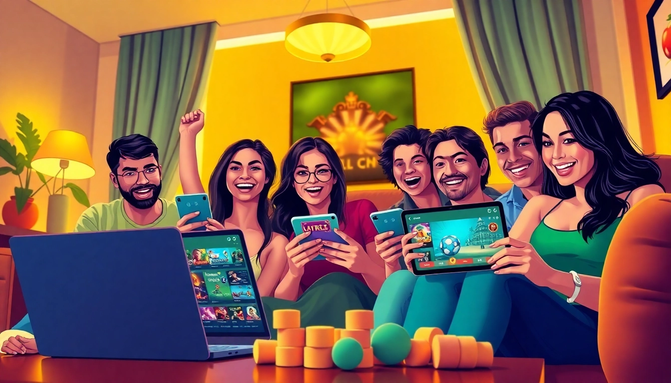 Engaged players enjoying online gaming at https://nhacaiuytin.sh/ with devices showcasing colorful gambling interface.
