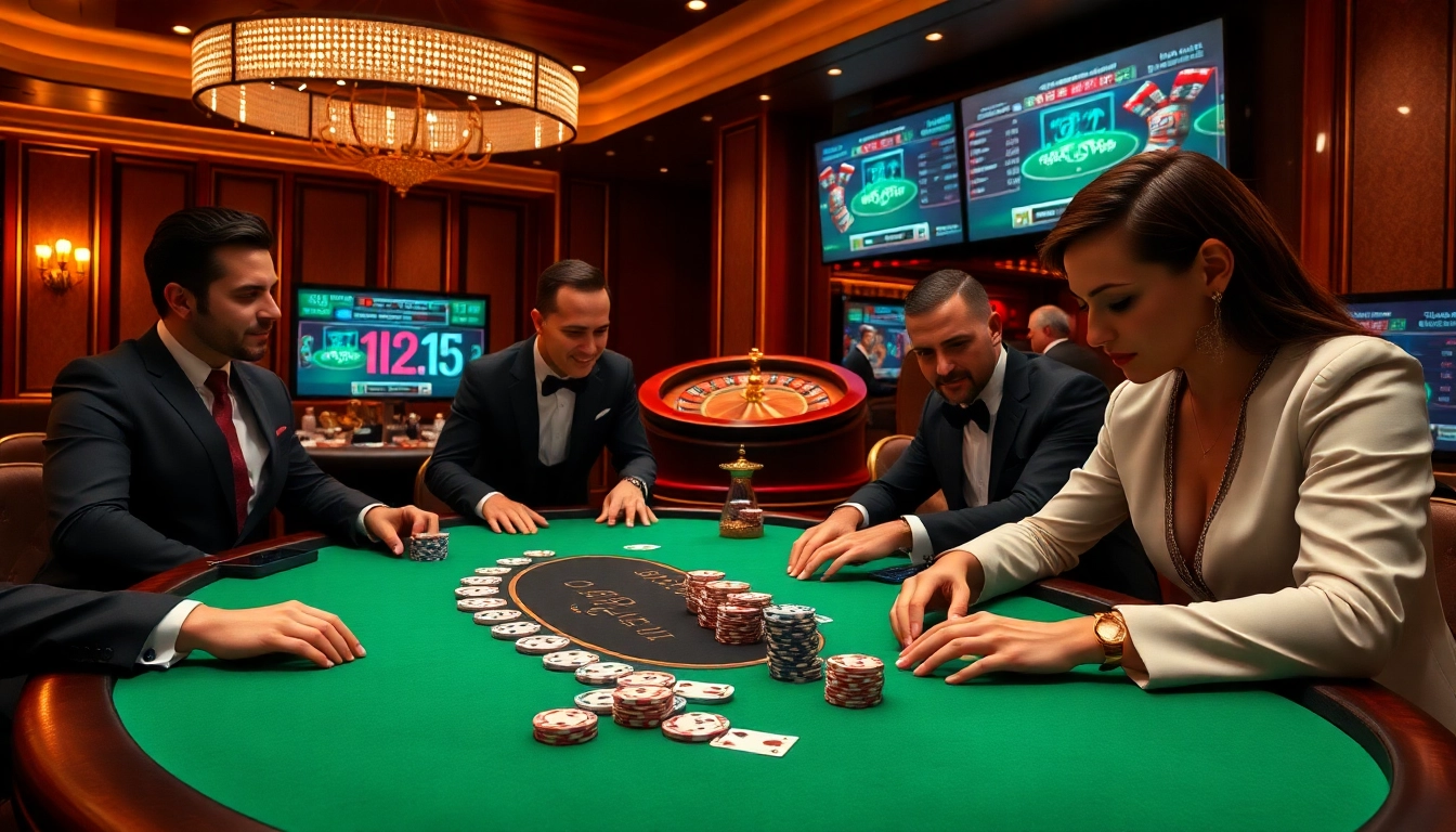 Engaged players at a stylish poker table, showcasing the excitement of 789.win casino gaming.