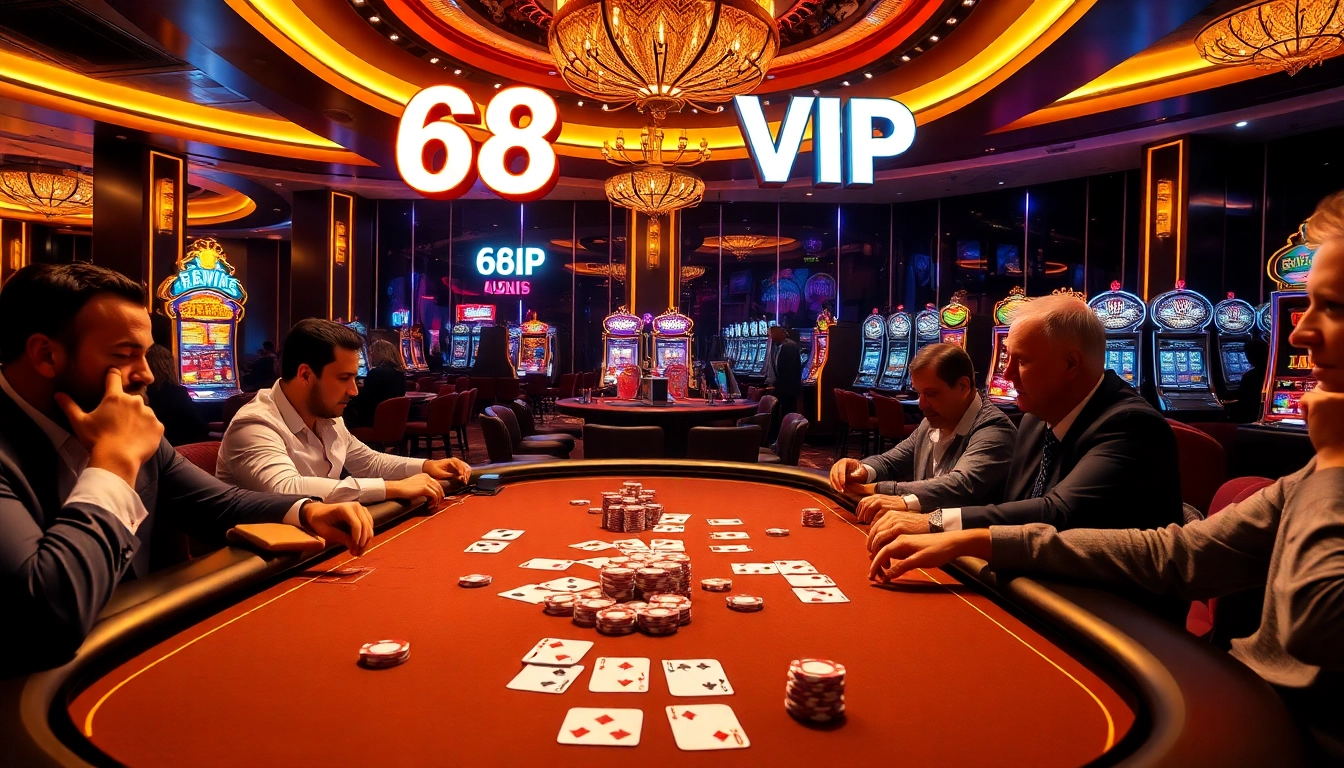 Experience the luxury of 68VIP gaming as players engage intensely at a vibrant poker table.