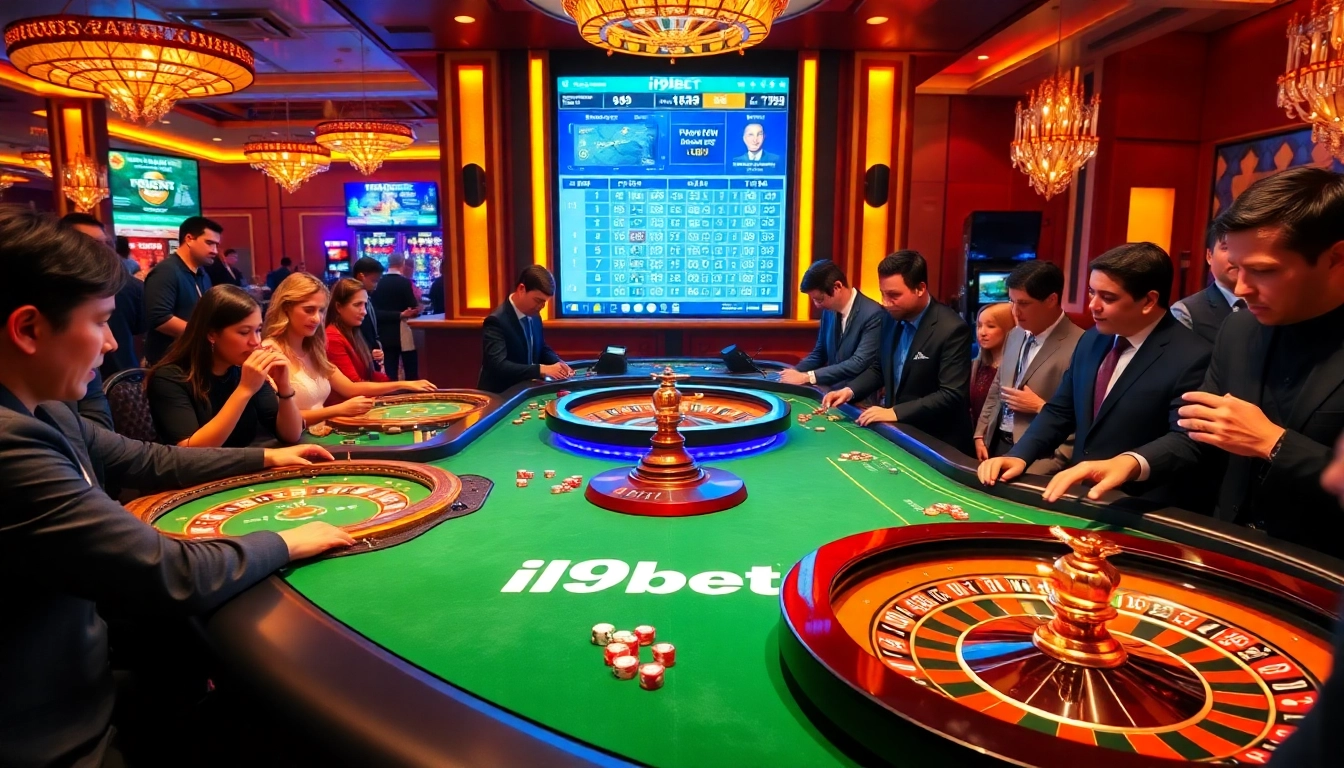 Engaged gamblers experiencing the thrill of i9bet at a luxurious casino table.