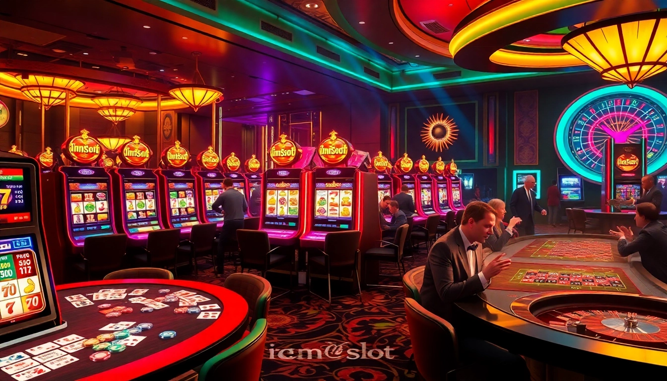 Experience thrilling gameplay at idnslot with vibrant slot machines and excited gamblers in a luxurious casino.