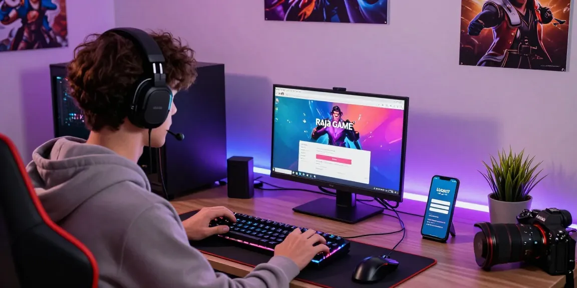 Raja Game login on a gaming laptop with vibrant interface, enthusiast wearing a headset in an energetic home environment.